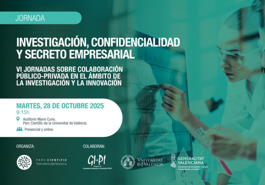 Fondo: Investigadores analizando un gráficos. Parte izquierda:  Titulo de la Jornada. Dia y lugar. Enlace a la inscripción